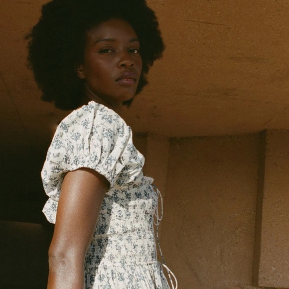 Doen Stanza Cotton Voile Smocked Short Puff Sleeve Maxi Dress Songbird Toile - Picture 3 of 15